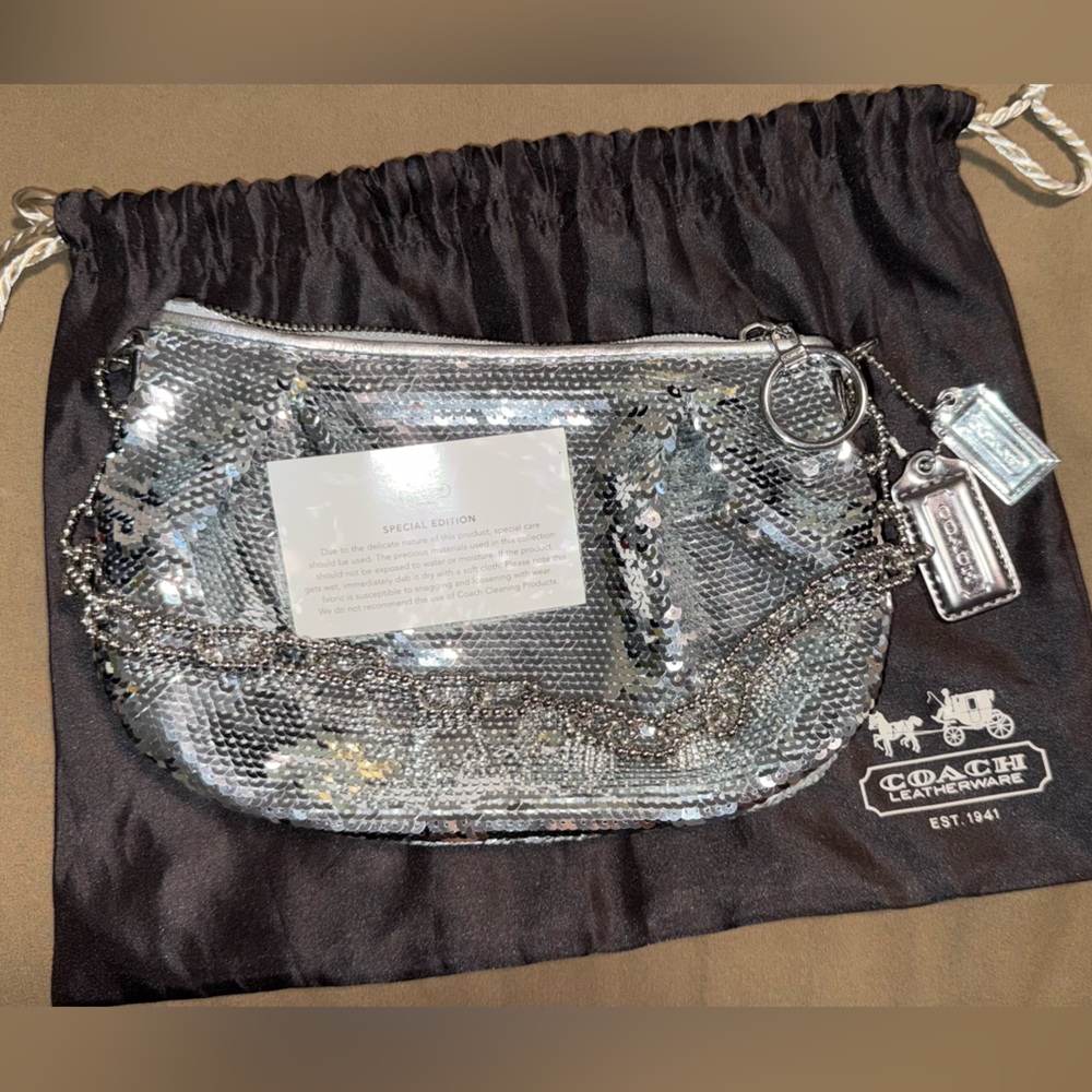 Coach Silver Sequin Chain bag with Charm Tags